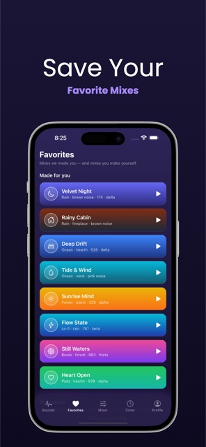 Saved favorite mixes, including Velvet Night and Rainy Cabin.