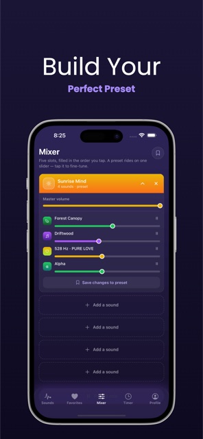 Building a preset called Sunrise Mind in the mixer.