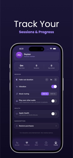 Settings with fade-out duration, vibration and Apple Health.